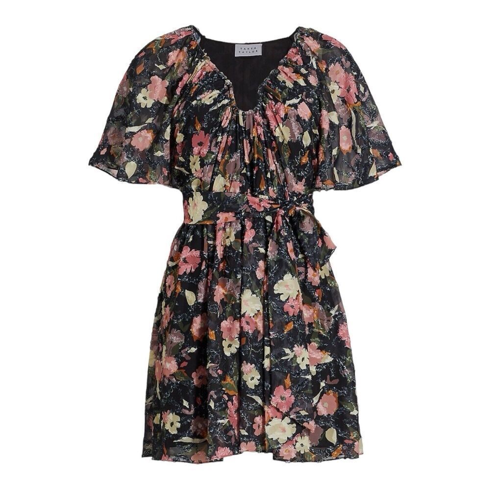 Tanya Taylor Women 0 Black Mara Floral Print V-Neck A-Line Mini Dress XS
